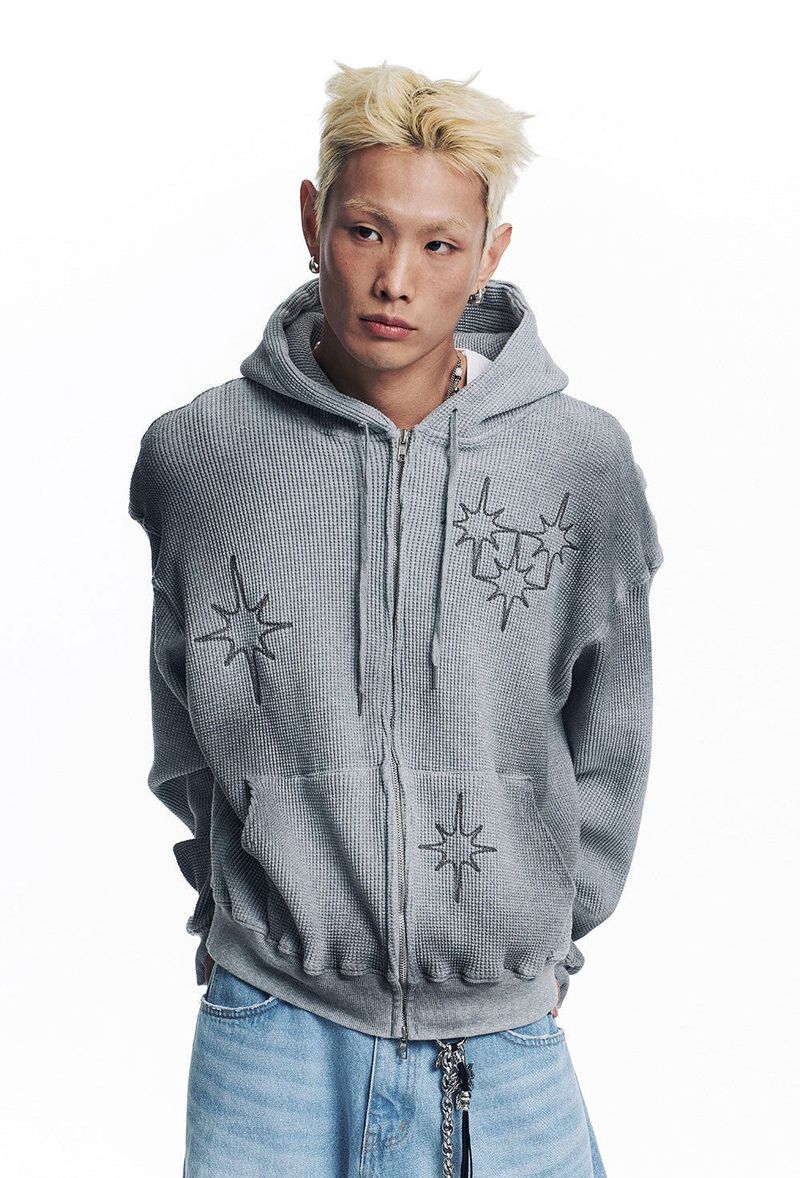 Washed Star Waffle Hooded Zip-Up - Grey