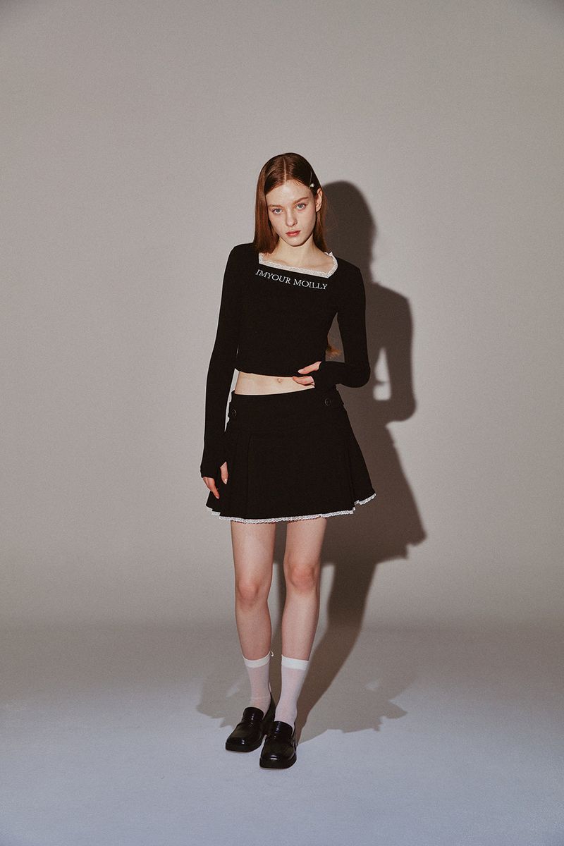Square Neck Lace Long Sleeve Black