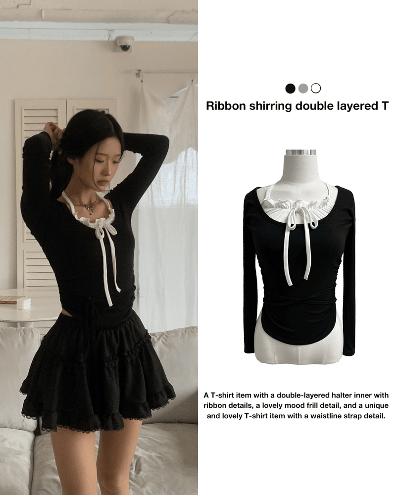 GUSTA（グスタ）の「Ribbon shirring double layered long sleeve t-shirt (3 colors)（Tops）」