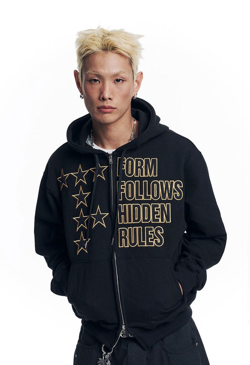 Star Lettering Patch Hoodie Zip-Up - Black