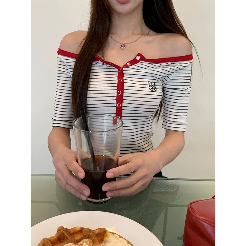 Red Line Stripe Off-Shoulder Top