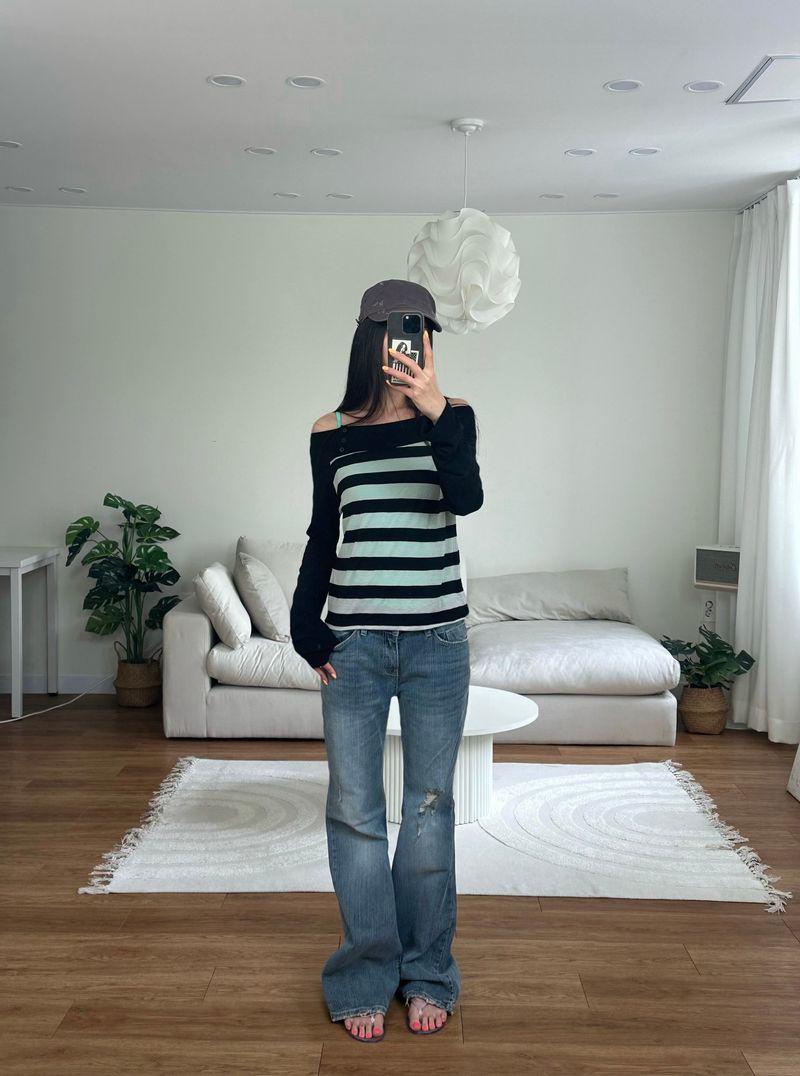 ストライプ オフショルダー Tシャツ