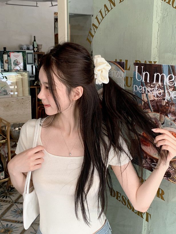 #Back Slit Square Short Sleeve Knit + Scrunchie Set (5color)