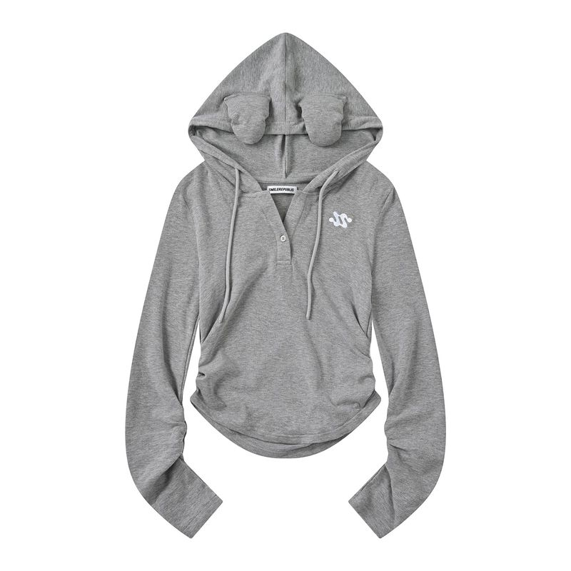 Gray Hooded Sweatshirt with 3D Ear Detail, Viscose Blend Pullover Hoodie for Women