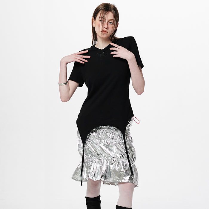 ショルダーパデットワッフルTシャツ _ ブラック