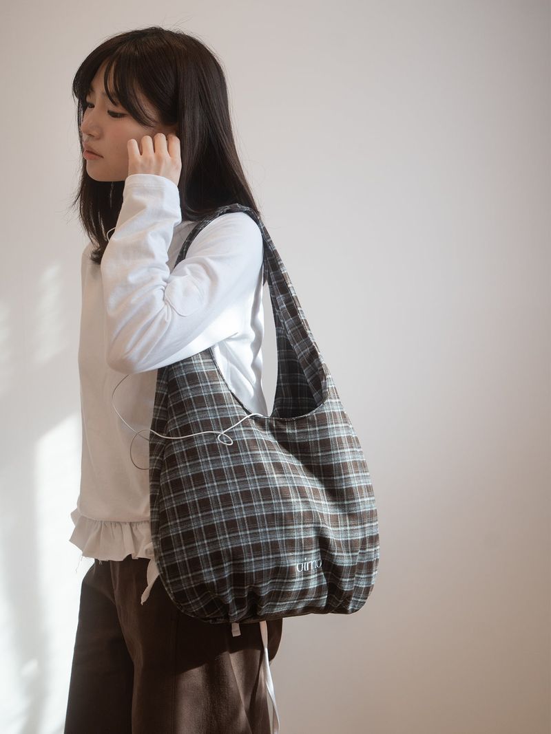 Check Padded Hobo Bag - Brown / Blue