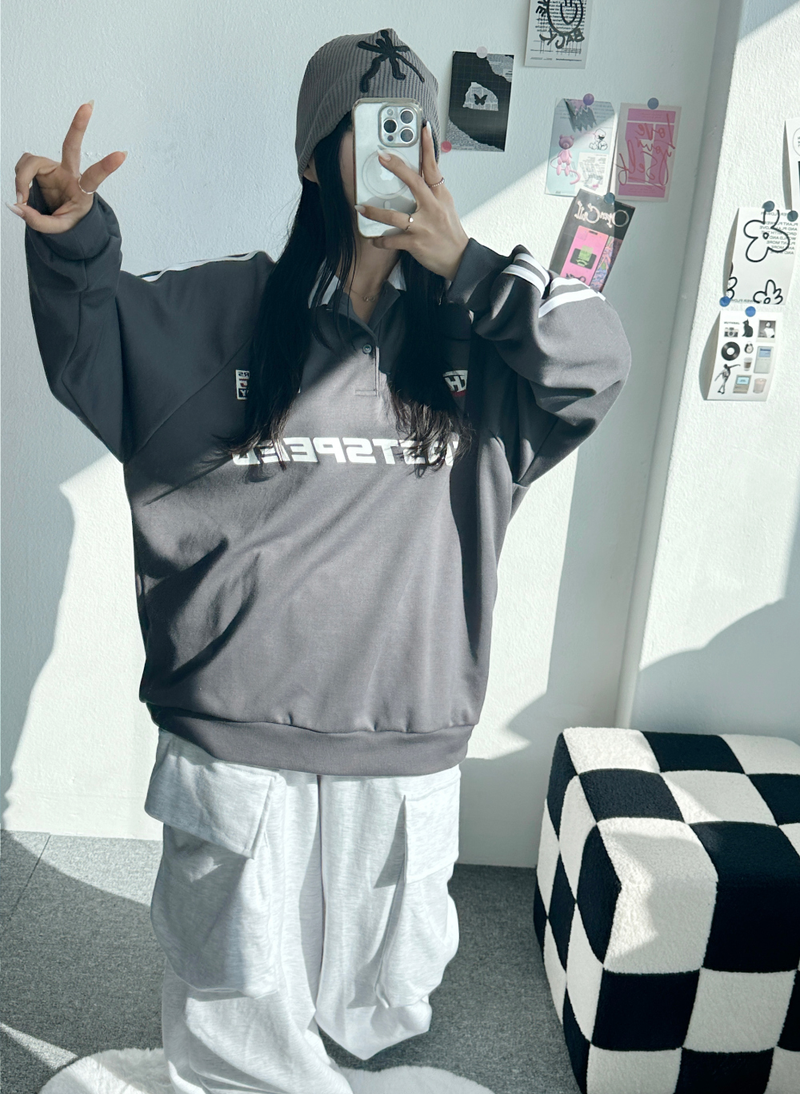 RAGLAN THREE-STRIPE COLLAR SWEATSHIRT🖤🩶🤍 - 3 COLORS