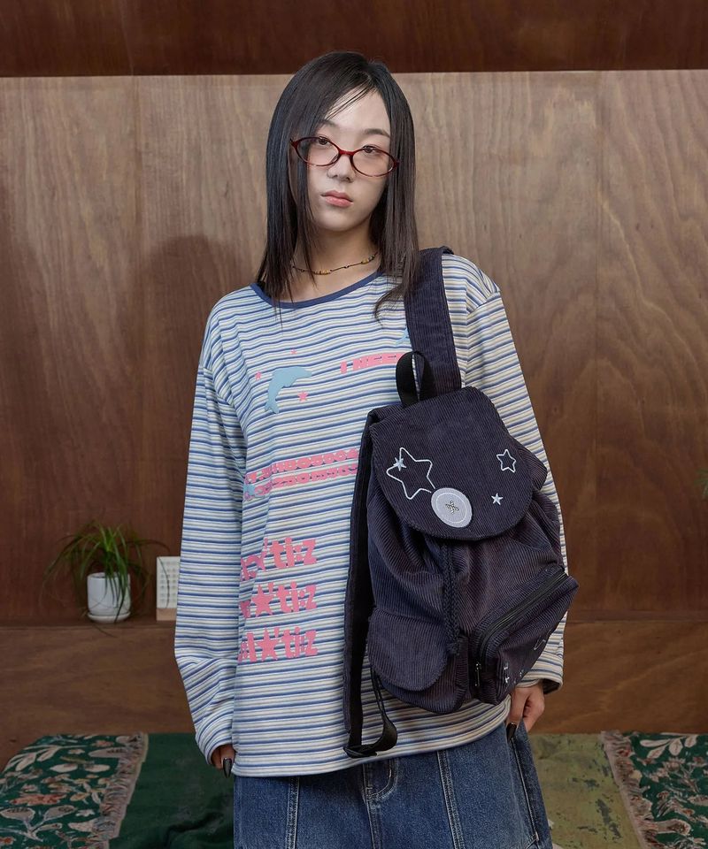 Button Applique Corduroy String Backpack