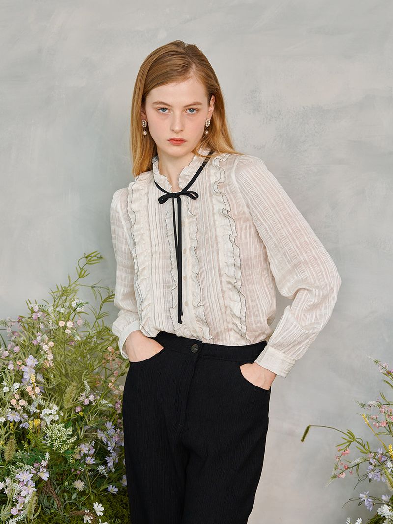 Frill Shirring Ribbon Blouse