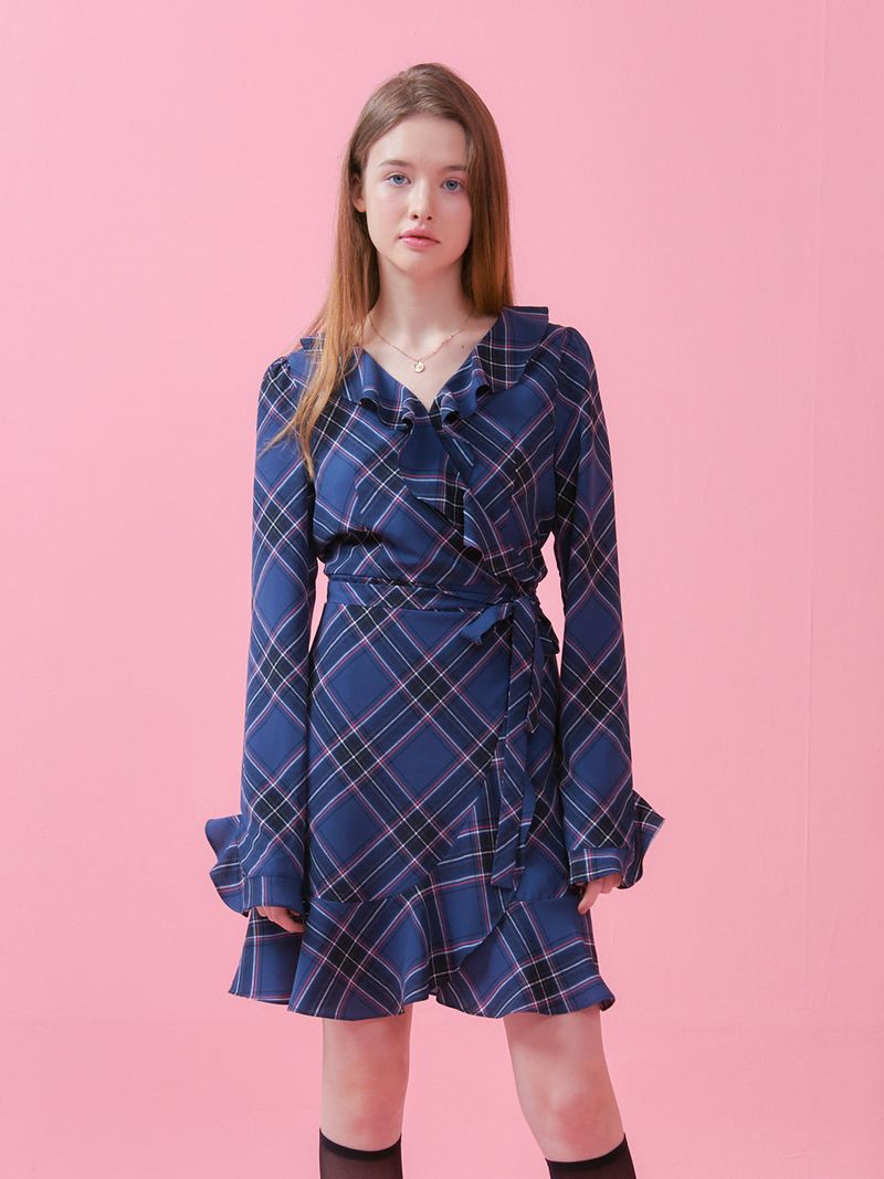 RUFFLE POINT CHECK WRAP ONEPIECE_NAVY