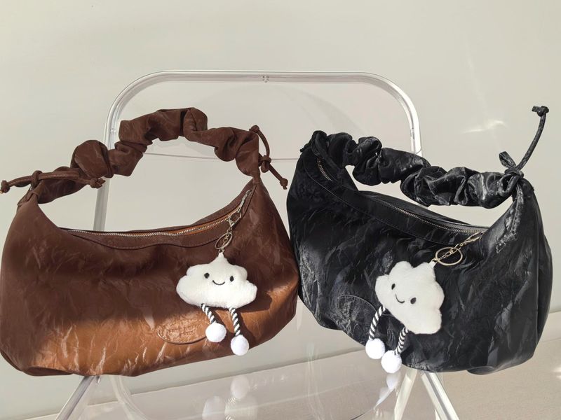 Cloud doll key ring bag denim washed leather wave pattern wrinkle strap zipper shoulder bag