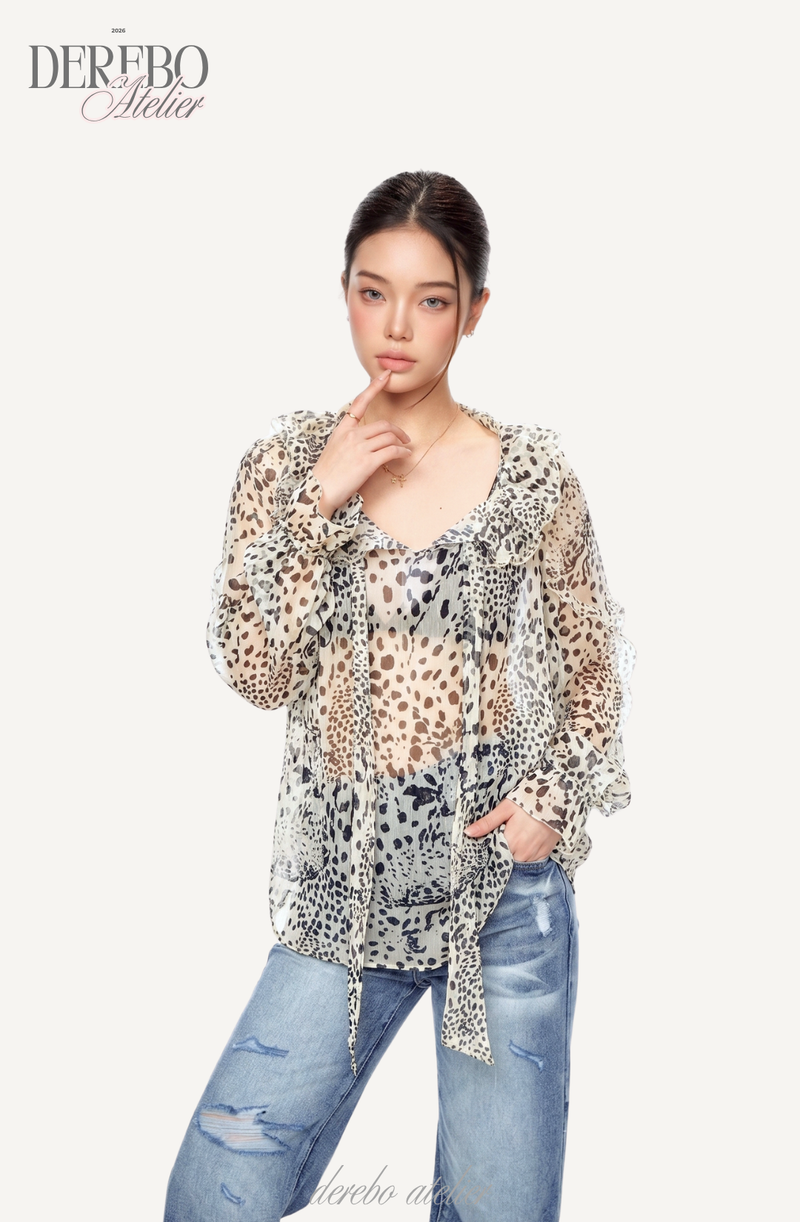 Leopard see-through frill blouse
