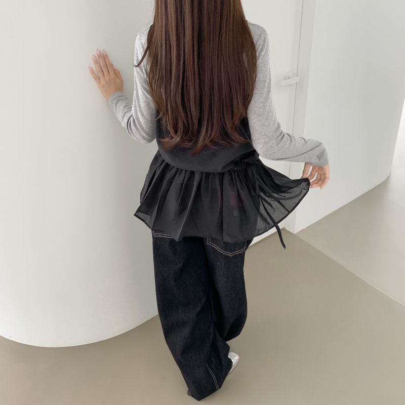 レイヤードフリルシースルーリボンAラインストラップノースリーブ