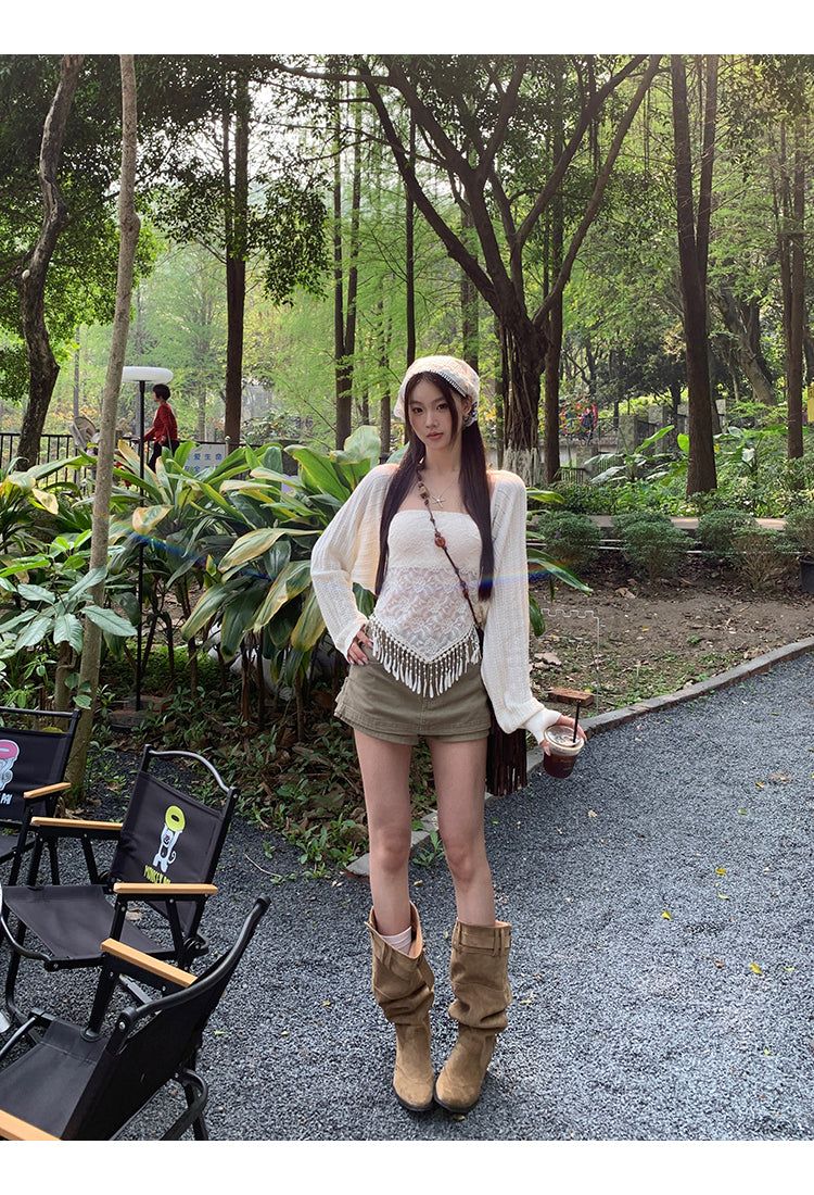 khaki cotton mini pants skirt