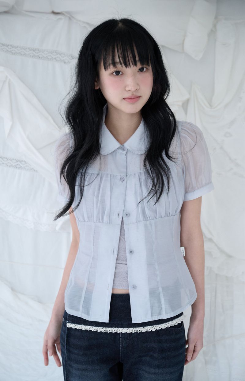 mireco（ミレコ）の「SHIRRING SHEER BLOUSE MISTY BLUE（Tops）」