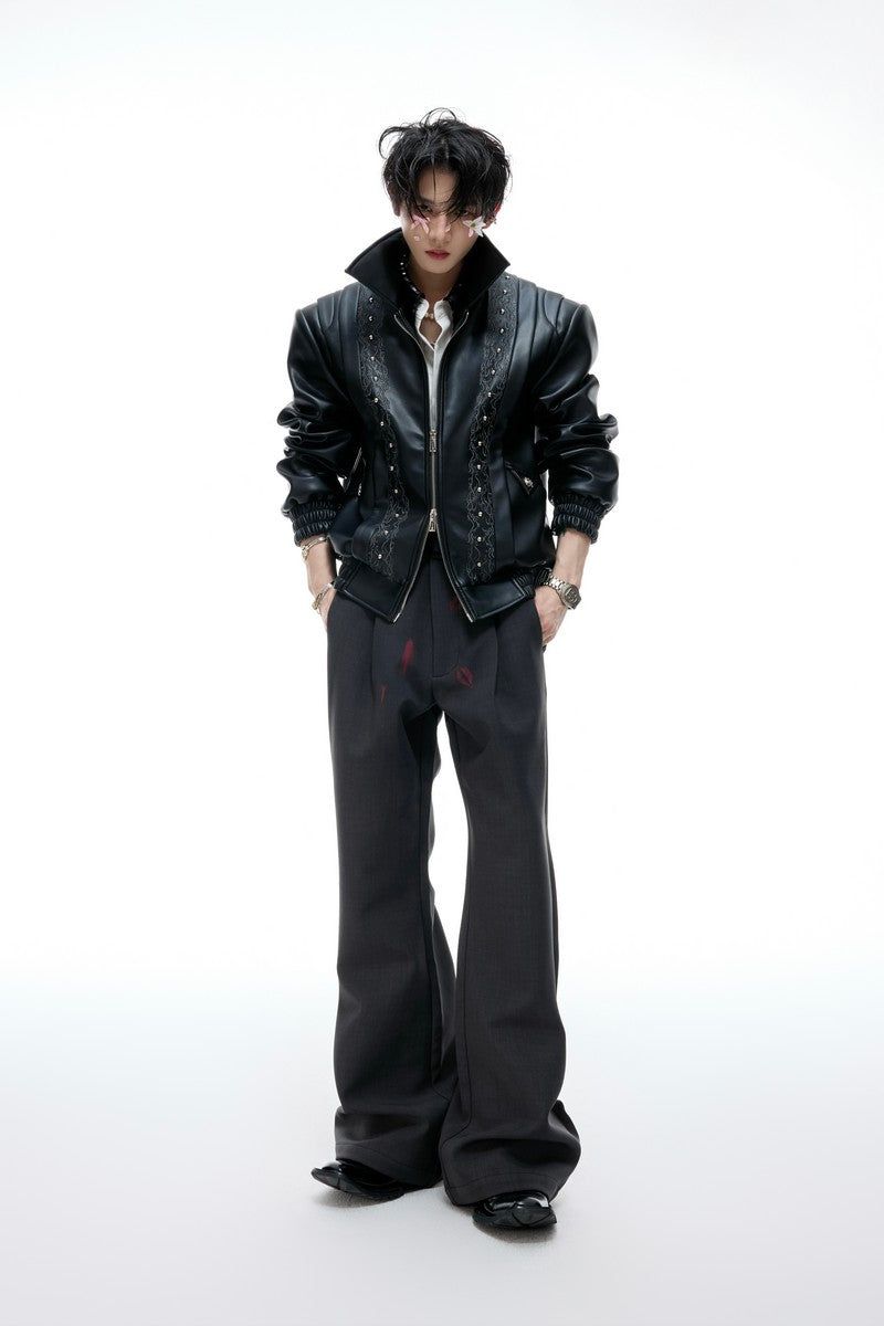 Embroidered Deconstructed Cropped Leather Jacket