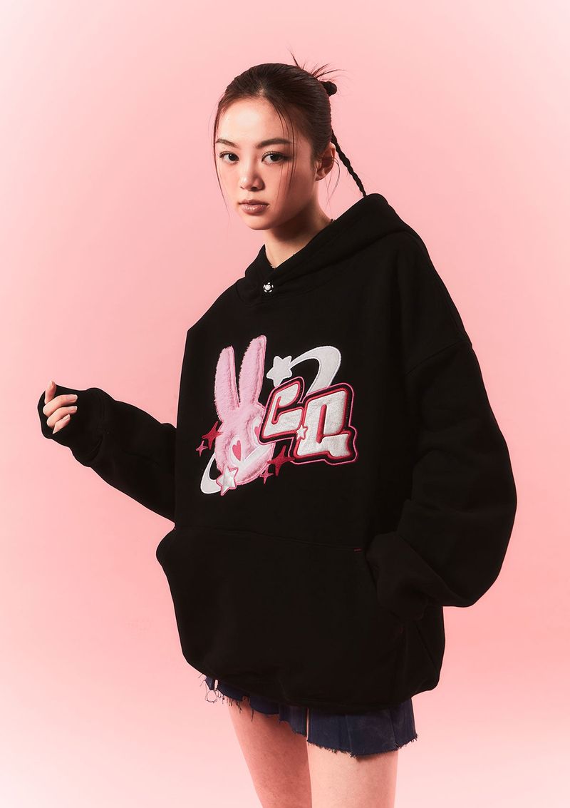 fur bunny planet hoody - black