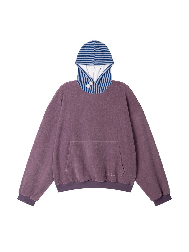EARTHJIGU（アースジグ）の「ベルベット ストライプ パフ フーディー (PURPLE)（トップス）」