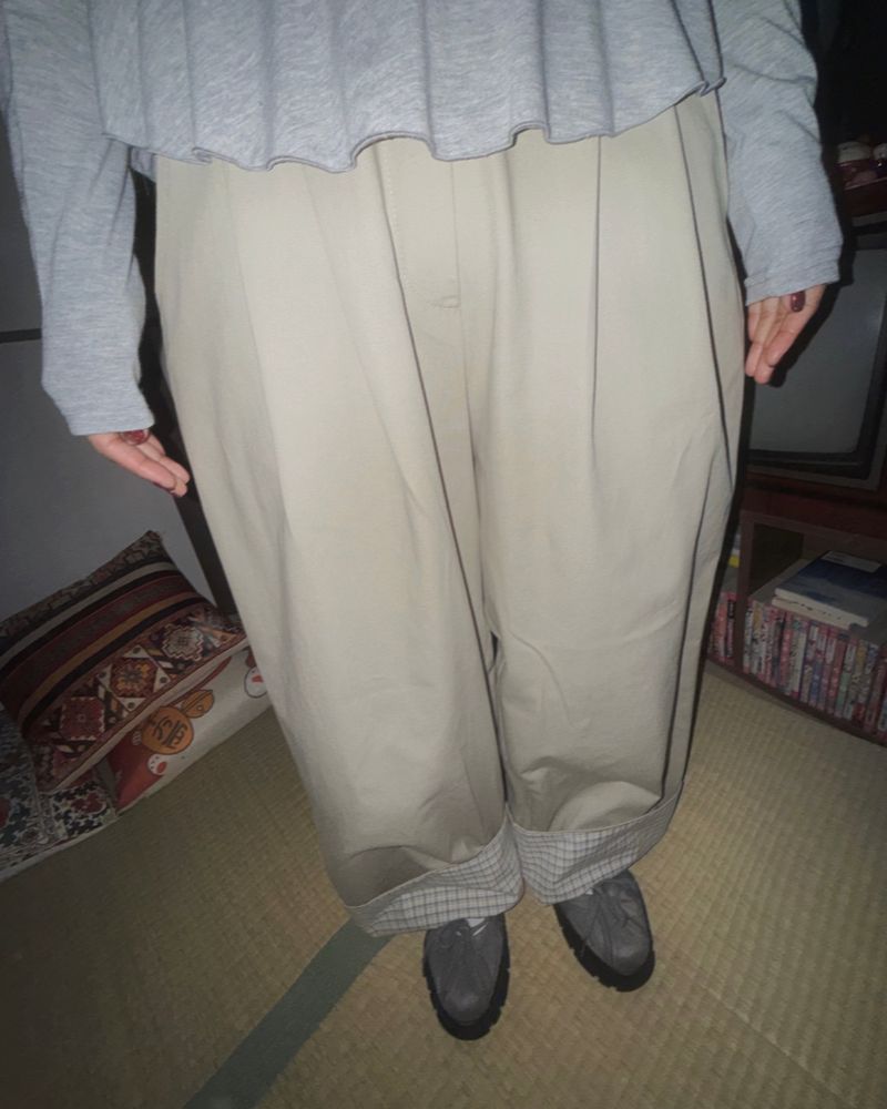 (3color) Check Roll-Up Wide Pintuck Pants