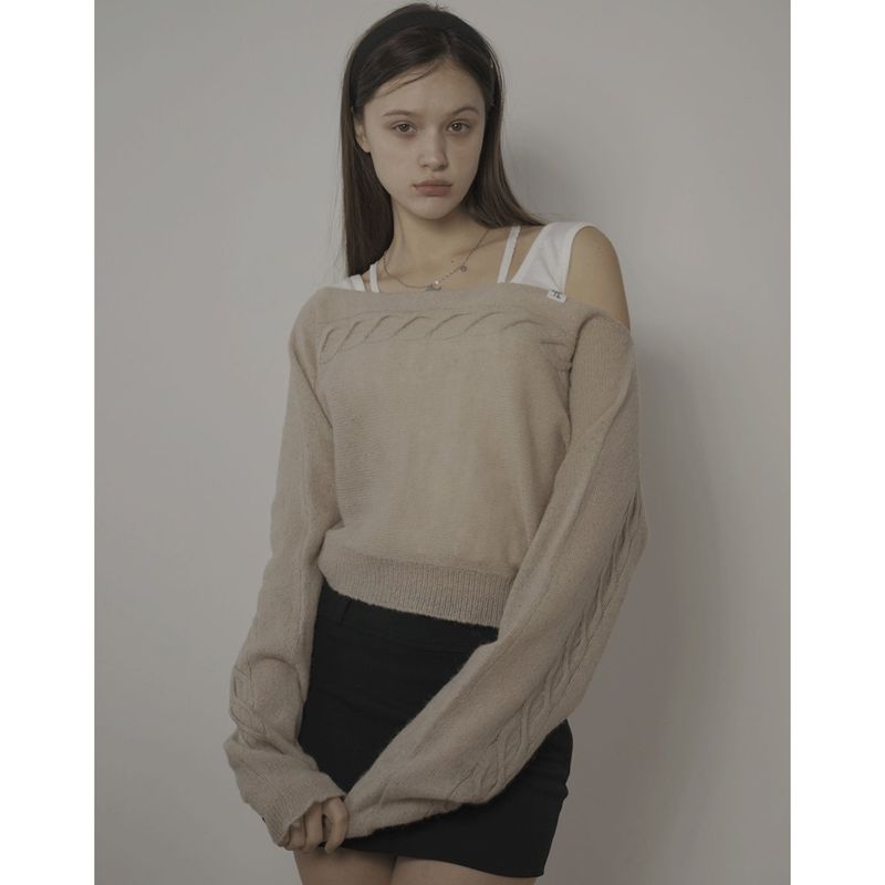 CABLE BOAT NECK KNIT-BEIGE