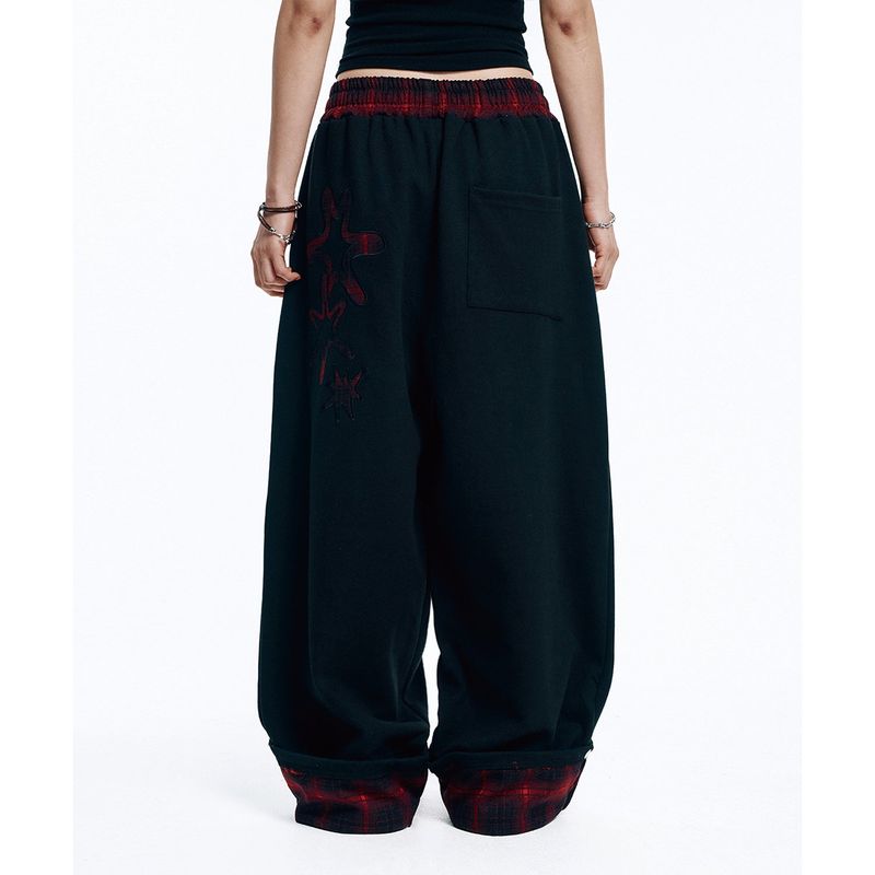 Roll-Up Check Sweat Pants - Black