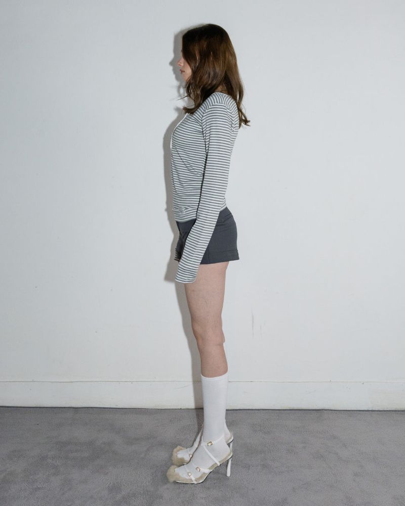 Henley Neck Long Sleeve Stripe White
