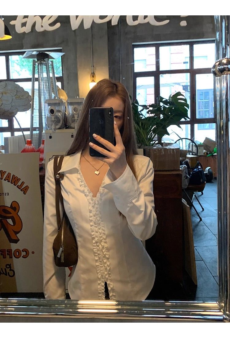 White V-neck Frill Style Long-Sleeved Shirt