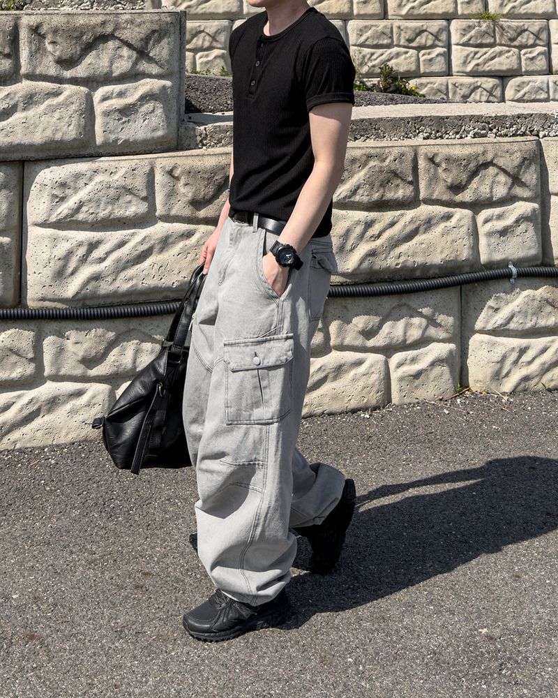 Bion Gray Wash Cargo Denim Pants