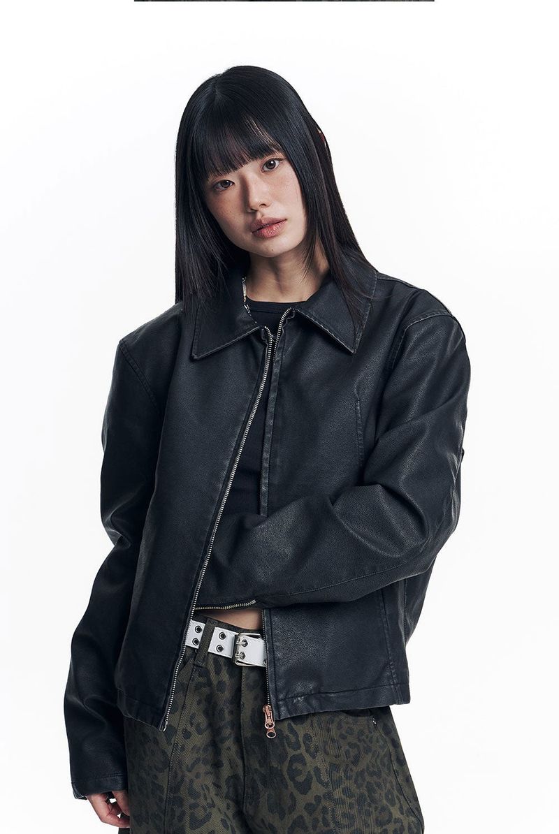 Washed Leather Crop Jacket - Black