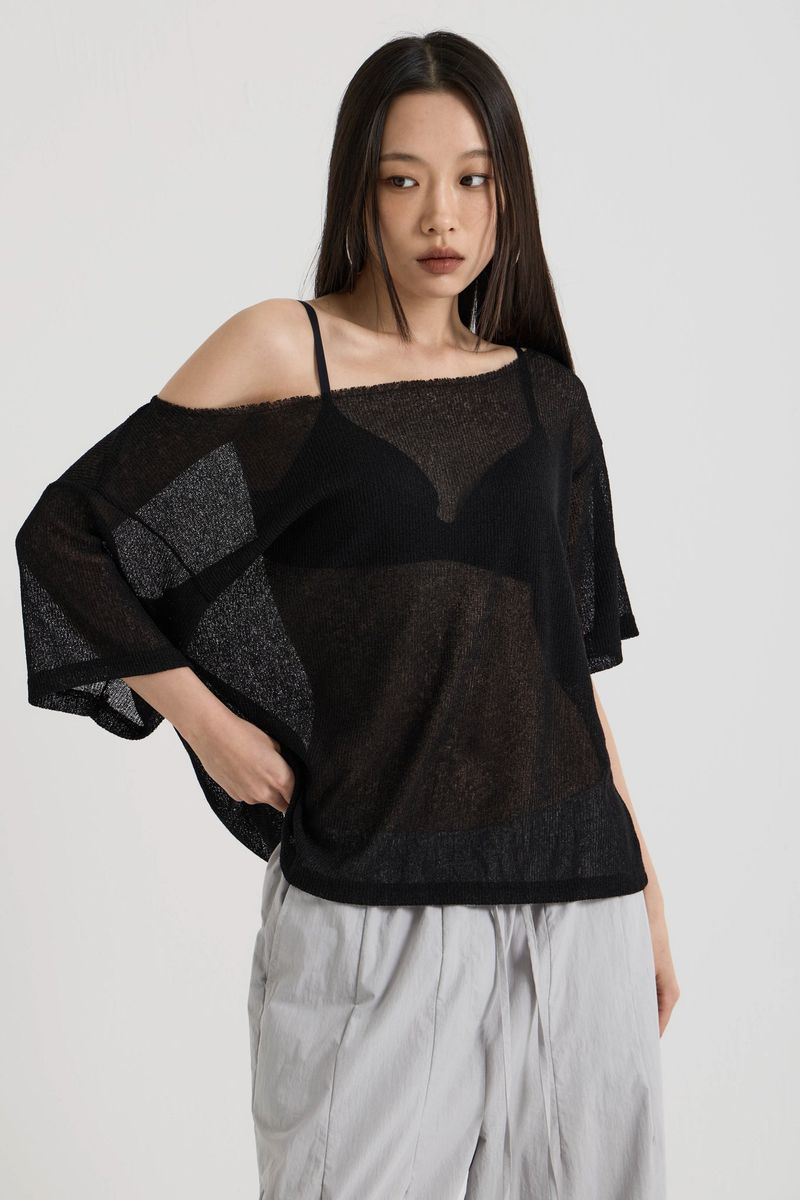 Knit one-shoulder t-shirt, Black