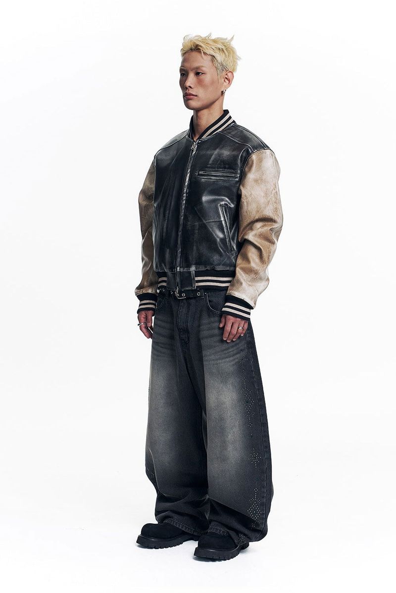 Dirty Washed Leather Varsity Jacket - Black