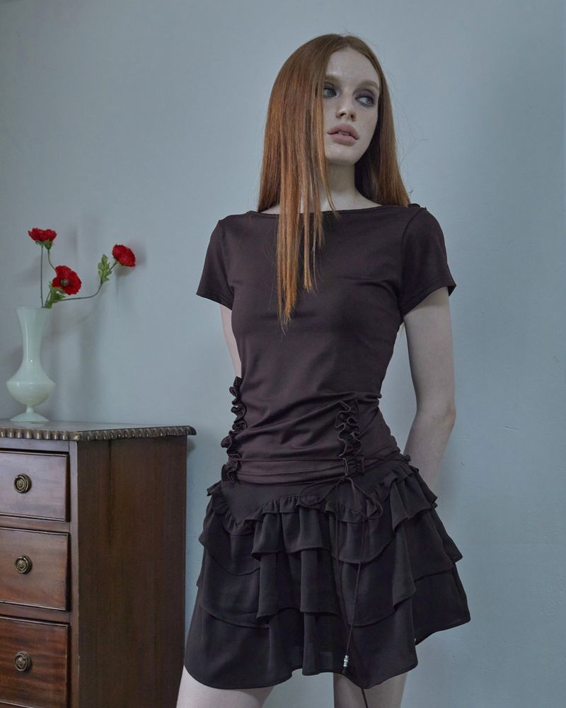 back open ruffle top / brown