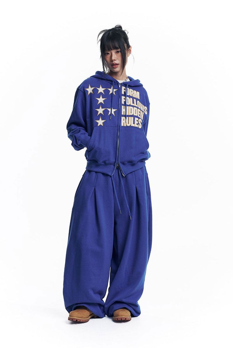 Star Lettering Patch Hoodie Zip-Up - Blue
