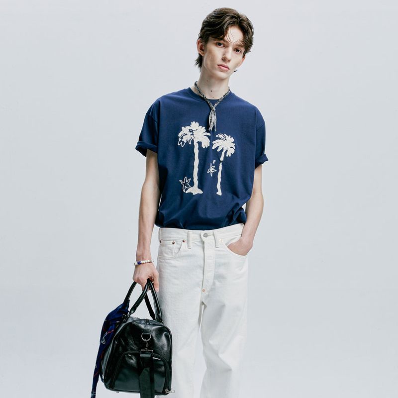 palm tree & eyelet chain needlework t-shirt navy