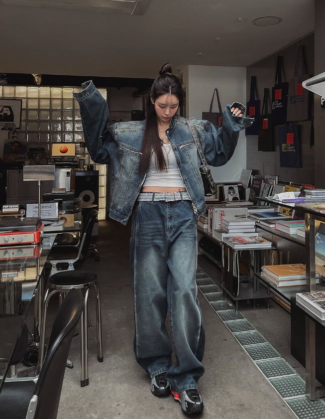 Ocean Washing Stitch Biker Denim Jacket