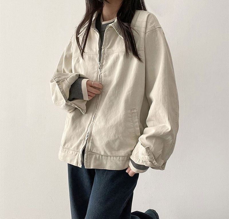 Rentto Basic Collar Zipper Loose Fit Cotton Jacket