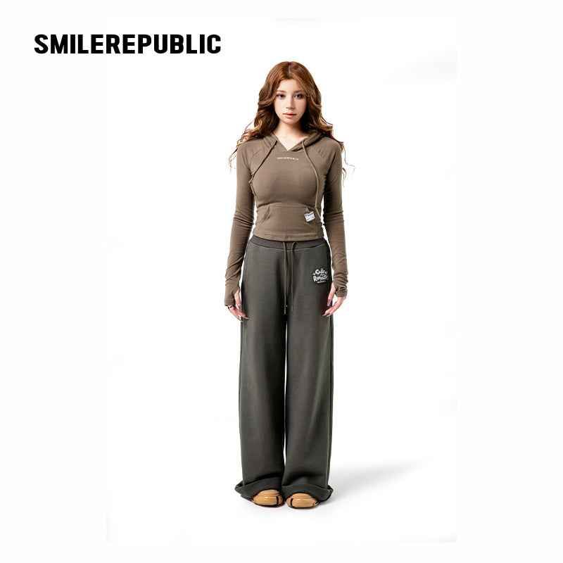 Women's Wool Blend Slim Fit Cropped Graphic Hoodie, Dark Green Gray Casual Streetwear Sweatshirt