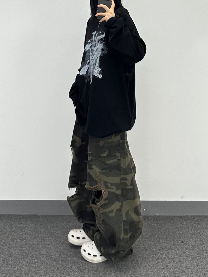 camo bio washed distressed pants
