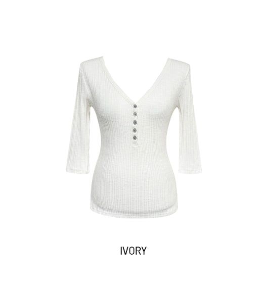 Ringo Button V-Neck Three Quarter T-Shirt