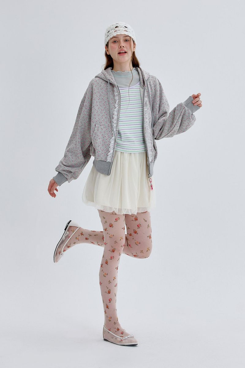 Lace Hood Zip Up [Gray]
