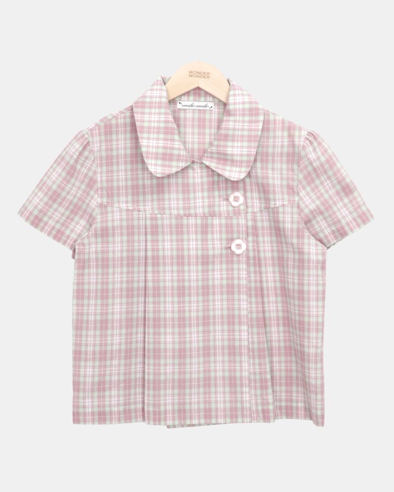Yuwa Round Collar Check Short Sleeve Blouse