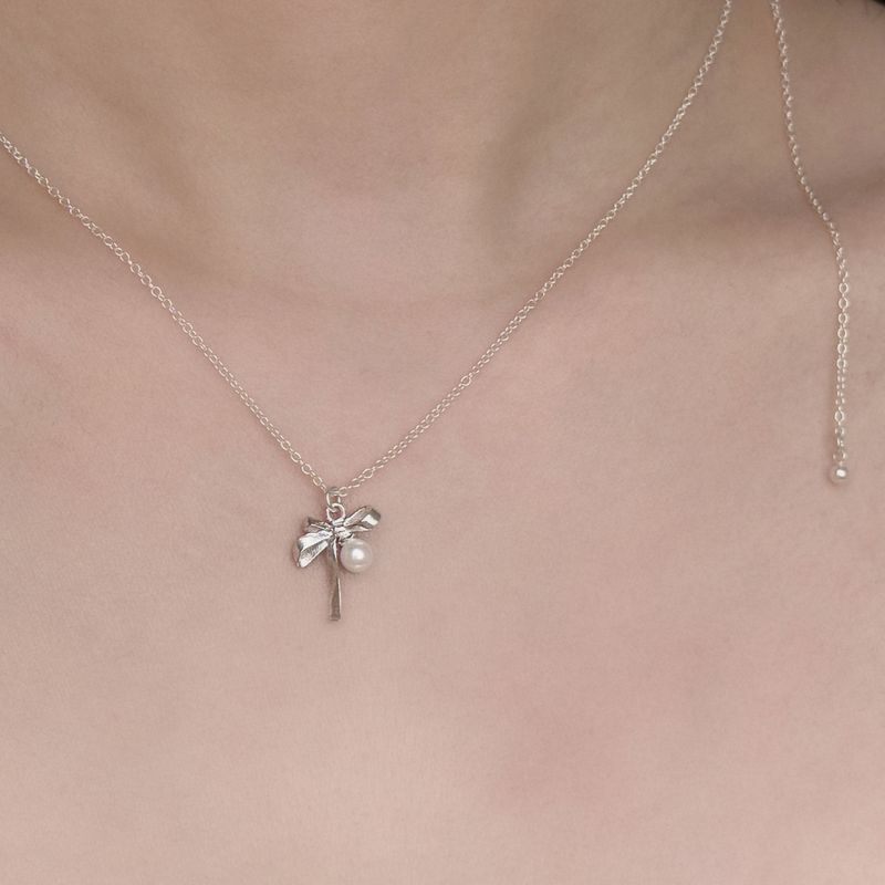 Silver 925 Ribbon & Pearl Necklace
