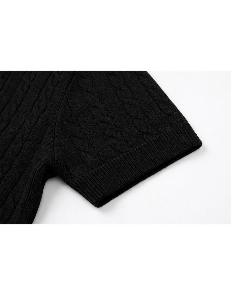 Elodie Pearl Collar Cable Short Sleeve Knit Top Black
