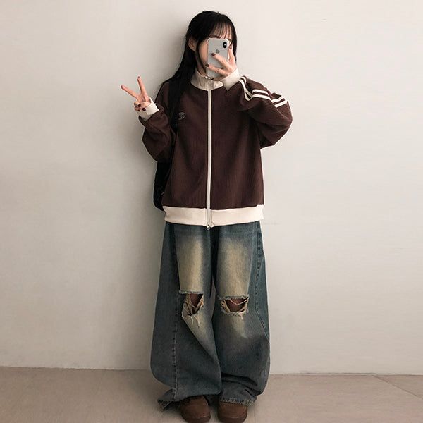 Dattie Embroidery Color Waffle Zip-Up