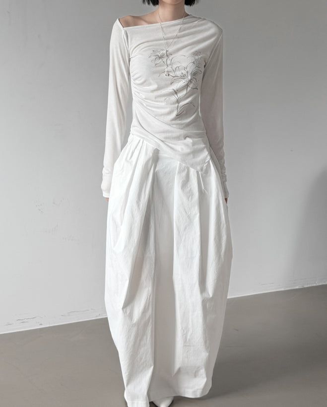 Boxy Pleated Cotton Balloon Long Skirt