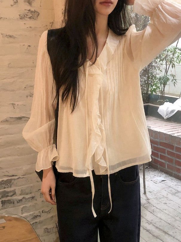 AD Strap Pintuck Frill Ruffle Blouse (3color)