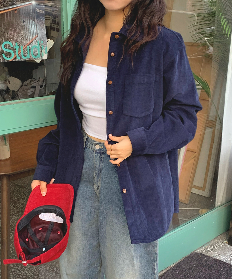 Corduroy Collar Shirt Shirt Blouse Basic Item Cotton