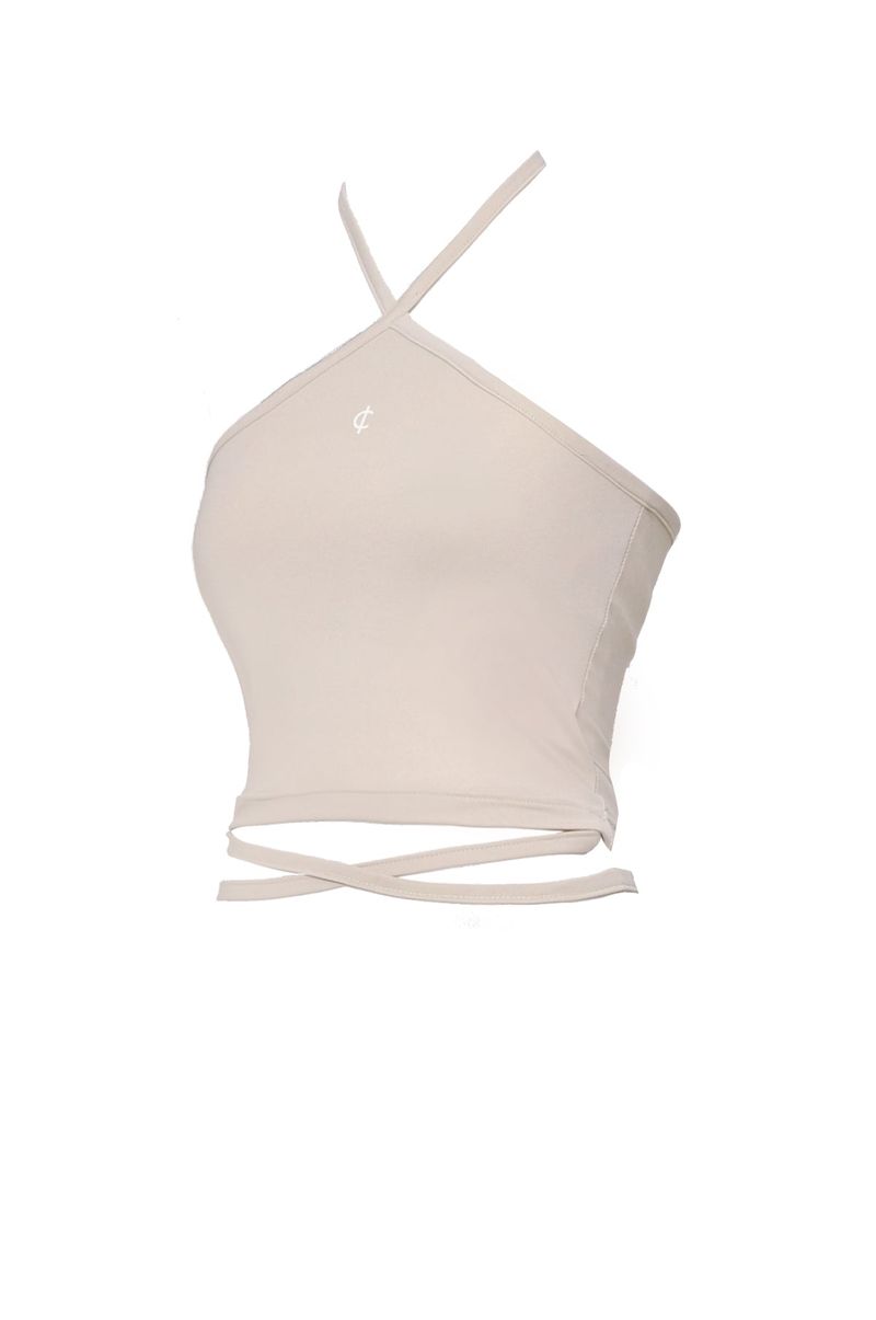 2-way halter span crop sleeveless top (beige)
