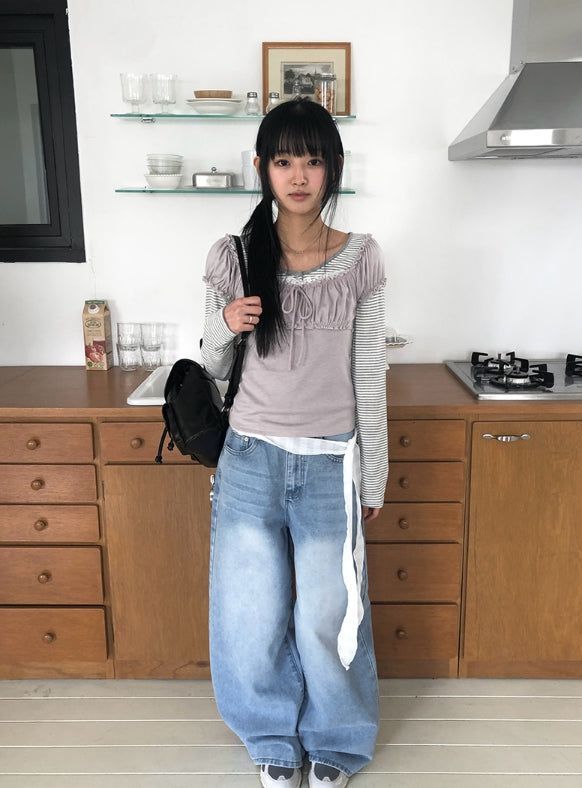 デトシャーリングハートネックレースリボン半袖Tシャツ