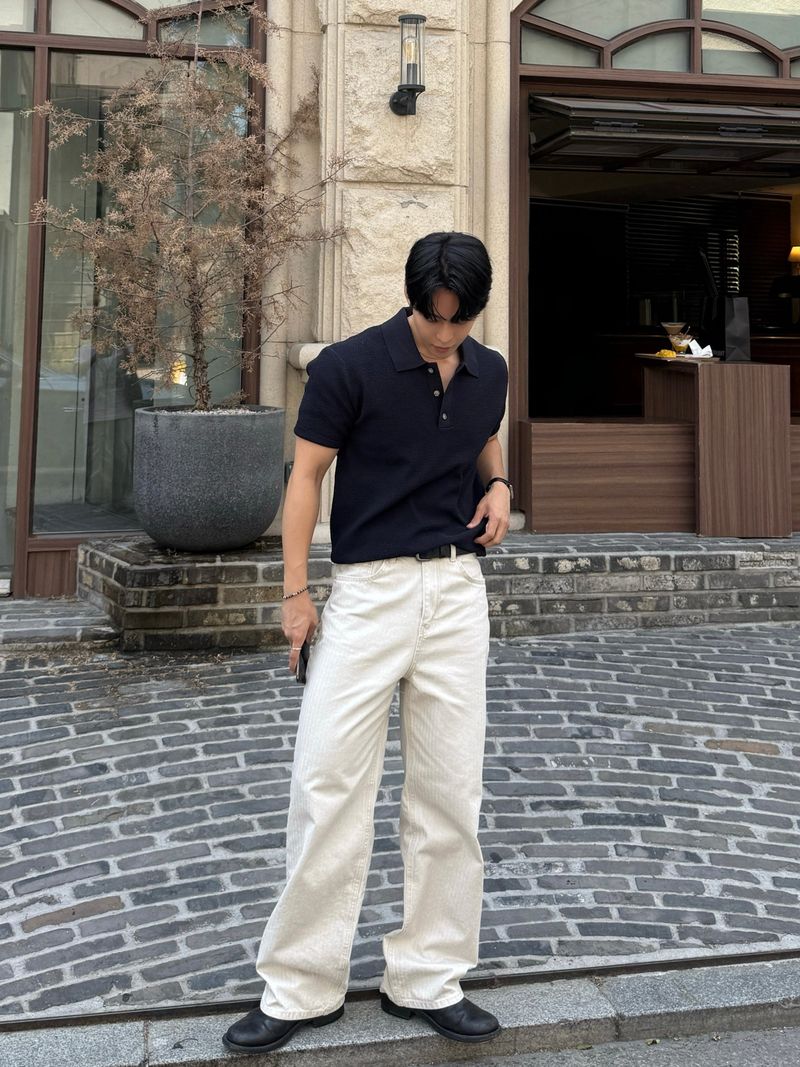 Pug herringbone semi-wide pants